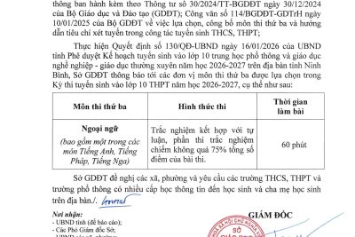 Thông báo môn thi thứ 3 vào THPT của Sở GDĐT tỉnh Ninh Bình
